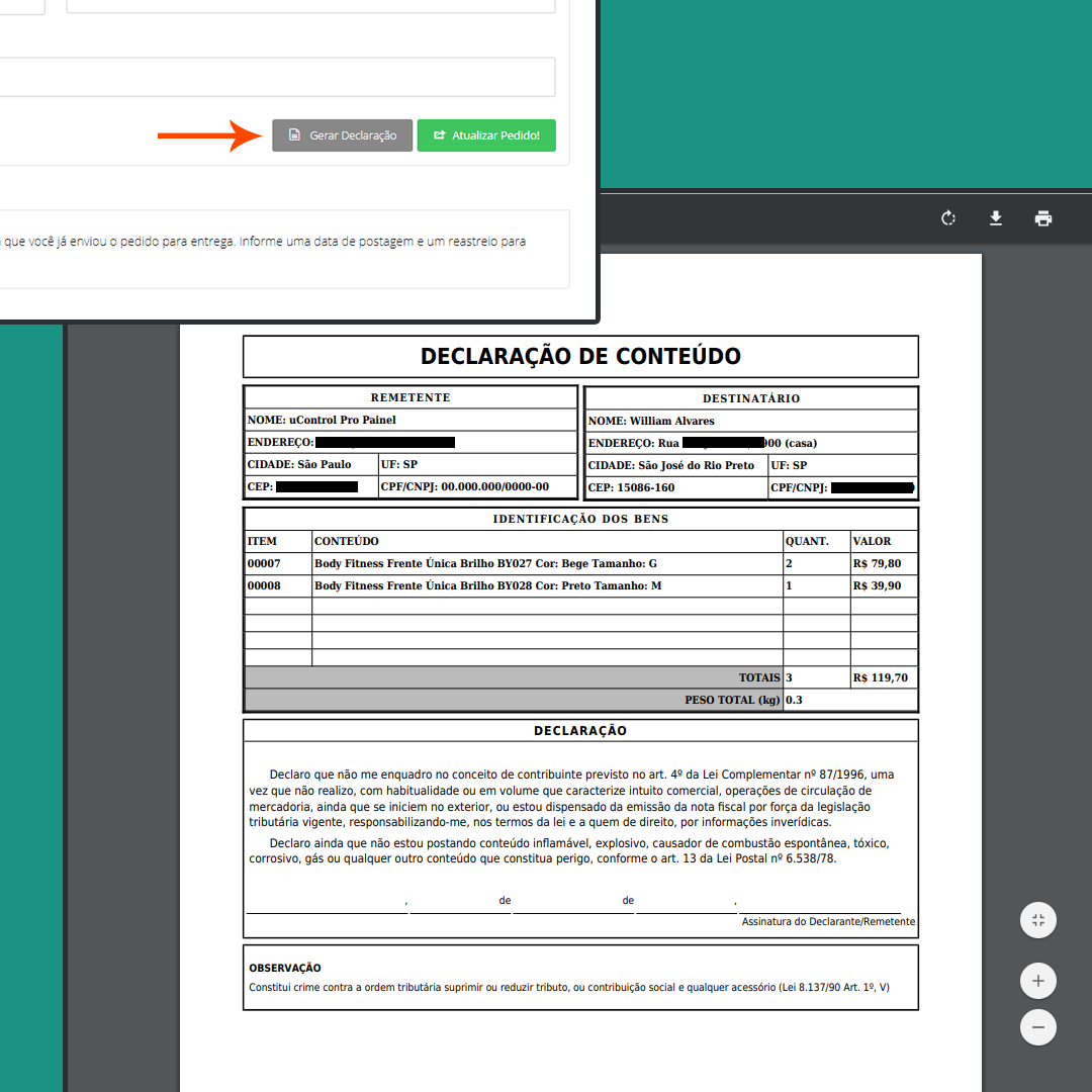 Novo recurso CRIASITES - Novo visual e declaração de conteúdo para envios via correios